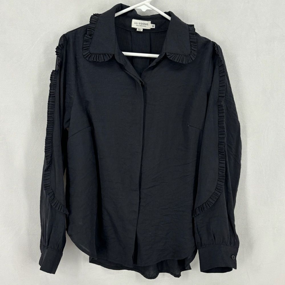 Lili Sidonio Molly Bracken Women’s Medium Black Button Down Ruffle Collar Tunic